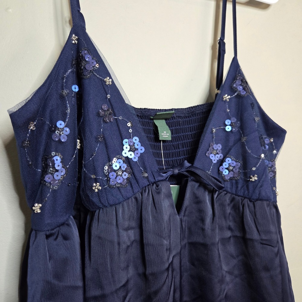 Wild Fable Sequin Floral Satin Babydoll Dress Navy Blue‎ Womens M NWT Y2K Style